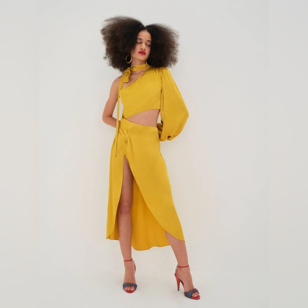 NWT For Love & Lemons Mila One-Shoulder Dress Yellow Sz Small